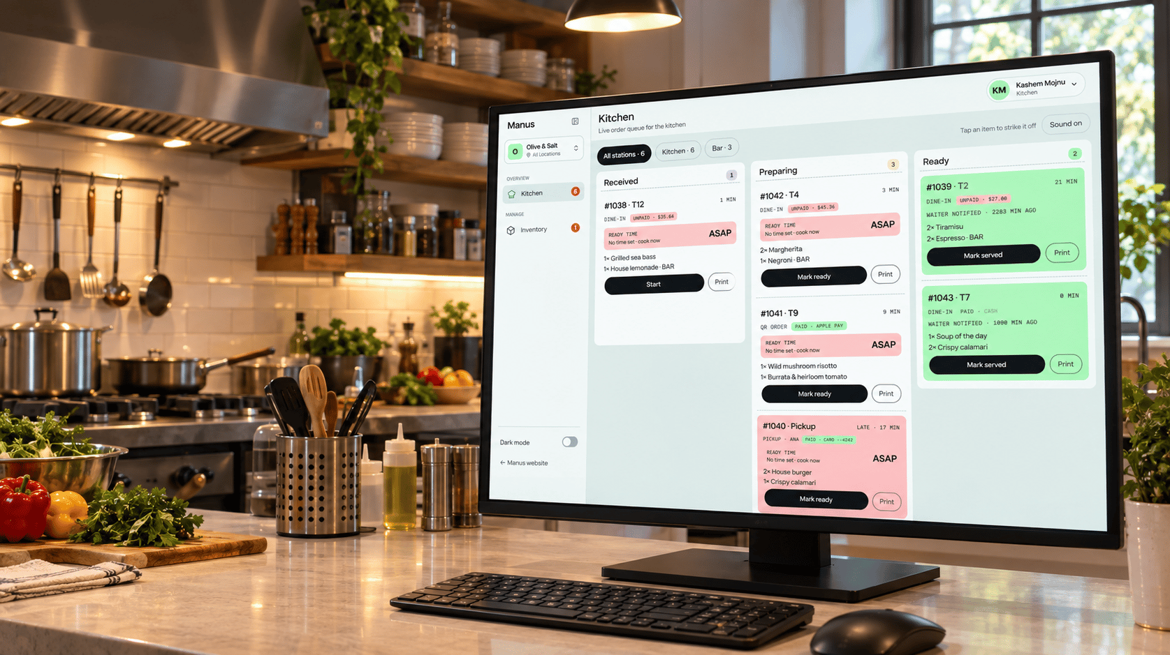 Restora kitchen display on a monitor in a restaurant kitchen showing received, preparing and ready orders